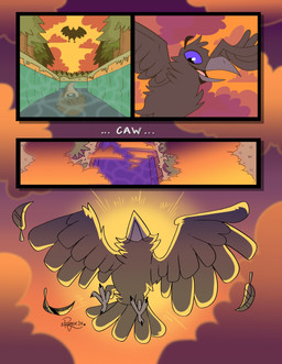 after_transformation black_body black_feathers brown_body brown_fur cloud duo feathers feral flying forest fur male plant purple_eyes river sunset tree romecartoons avian bird corvid corvus_(genus) crow mammal mustelid oscine otter passerine comic hi_res