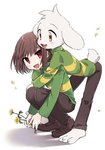 duo flower fur hug male male/male paws petals plant red_eyes simple_background smile white_background white_body white_fur young porygonleft undertale undertale_(series) asriel_dreemurr chara_(undertale) boss_monster_(undertale) bovid caprine human mammal monster