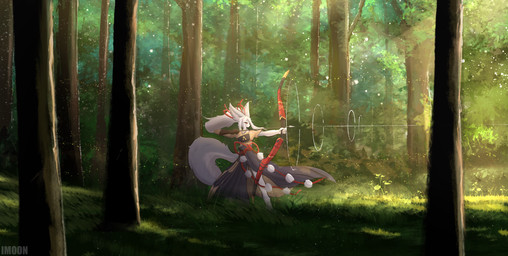 5_fingers anthro arrow_(weapon) biped bow_(weapon) clothed clothed_anthro clothed_female clothing day detailed_background female fingers forest front_view fur hair holding_object holding_weapon outside plant ranged_weapon solo tail tree weapon yimoon640 hakuro_(onmyoji) canid canine canis mammal wolf 2026 digital_drawing_(artwork) digital_media_(artwork) hi_res