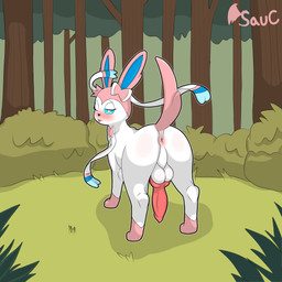 animal_genitalia anus backsack balls blep blush body_blush butt butt_blush canine_genitalia digitigrade eyelashes femboy feral forest genitals grass knot looking_back male outside penis plant raised_tail seductive shrub solo tail tongue tongue_out tree onesaucydragon nintendo pokemon eeveelution generation_6_pokemon pokemon_(species) sylveon 1:1 absurd_res hi_res