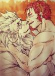 anthro duo eyewear kemono kissing male male/male mane monocle nude simple_background tkgimr lifewonders tokyo_afterschool_summoners claude_(tas) snow_(tas) felid human lion mammal pantherine hi_res