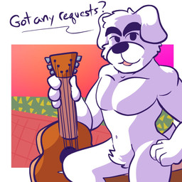 acoustic_guitar anthro dialogue fur guitar looking_at_viewer male musical_instrument nude plucked_string_instrument smile solo string_instrument text white_body white_fur fizzyjay animal_crossing nintendo k.k._slider canid canine canis domestic_dog mammal 1:1 digital_media_(artwork) english_text hi_res