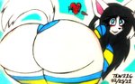 anthro breasts clothed clothing female hair heart_symbol simple_background solo text topwear white_body theloanwanderer216 undertale undertale_(series) temmie_(undertale) canid canine felid feline mammal tem