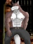 2013 abs anthro athletic belt biceps big_muscles biped black_nose blurred_background blush bottomwear brown_body brown_fur canid canine canis claws clothed clothing front_view fur hentist hideo_katashi looking_at_viewer male mammal muscular muscular_anthro muscular_male nipples pants pecs pose solo standing topless vein white_body white_fur wolf yellow_eyes
