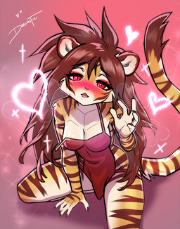 5_fingers anthro biped blush breasts brown_body brown_fur brown_hair brown_tail claws clothed clothed_anthro clothed_female clothing countershade_fur countershade_torso countershading dress female finger_claws fingers front_view fur hair heart_symbol high-angle_view kneeling looking_at_viewer markings red_eyes simple_background solo striped_body striped_fur striped_markings striped_tail stripes tail tail_markings dragonfu felid mammal pantherine tiger 2025 digital_drawing_(artwork) digital_media_(artwork) hi_res