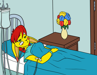 anthro bed bed_covers bed_sheet bedding breasts catatonic door female flower fur furniture green_eyes grimdark hair half-closed_eyes hospital hospital_bed hospital_bracelet hospital_gown hospital_room hospitalized inside iv_bag iv_line iv_pole lying lying_on_bed narrowed_eyes nightstand on_bed pillow plant pokemorph red_cheeks red_hair solo tape vacant_stare vase waking_up white_sclera yellow_body yellow_fur muniversalarts nintendo pokemon cassidy_volt_(swordfox) generation_1_pokemon pikachu pokemon_(species) 2015 colored digital_drawing_(artwork) digital_media_(artwork) english_description story story_in_description