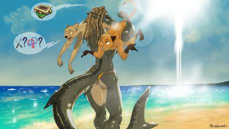 anthro beach blonde_hair blue_eyes clothed clothing dreadlocks female grey_body group hair male male/female muscular muscular_female orange_body sea swimwear topless topless_female trio water yellow_body mr._woland aquatic canid canine canis domestic_cat domestic_dog felid feline felis fish mammal shark 16:9 4k absurd_res hi_res widescreen