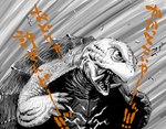 5_fingers ambiguous_gender angry fangs feral fingers scales shell solo teeth text 4n gamera_(series) gamera_(character) kaiju reptile scalie turtle 2006 greyscale japanese_text low_res monochrome