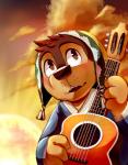 3_fingers acoustic_guitar anthro biped blue_clothing blue_topwear blush brown_body brown_eyes brown_fur brown_nose chinese clothed clothing cloud detailed_background fingers front_view fully_clothed fur guitar hat head_tilt head_tuft headgear headwear holding_musical_instrument holding_object kemono light looking_up low-angle_view male multicolored_body multicolored_fur musical_instrument open_mouth open_smile plucked_string_instrument shadow sharp_teeth sherpa_hat shirt sky smile solo string_instrument sunset tan_body tan_fur teeth topwear tuft two_tone_body two_tone_fur mitu_mao rock_dog bodi_(rock_dog) canid canine canis domestic_dog livestock_guardian_dog mammal molosser mountain_dog pastoral_dog tibetan_mountain_dog 2016 brown_theme digital_media_(artwork) half-length_portrait lighting portrait