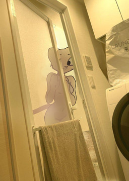 anthro appliance breasts featureless_breasts featureless_crotch female laundry_machine looking_at_viewer nude peeking_through_door photo_background solo filthypally microsoft prequel_adventure the_elder_scrolls katia_managan felid khajiit mammal hi_res mixed_media photography_(artwork)