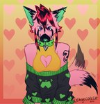 alternative alternative_fashion anthro arm_tattoo breasts cleavage cleavage_cutout clothed clothing collar coontail_hair cutout ear_tails emo female fur green_body green_fur hair heart_symbol muzzle_(object) neon piercing pink_body pink_fur punk red_hair scene_(fashion) screentone snout solo spiked_collar spikes spiky_hair sweater tail tail_motion tailwag tattoo topwear cringecorecat edith_(cringecorecat) canid canine canis domestic_dog mammal wolf 2021 absurd_res digital_media_(artwork) half-length_portrait hi_res portrait