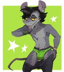 anthro black_hair bodily_fluids body_hair bottomwear bracelet briefs bulge chest_hair clothed clothing ear_piercing eye_bags fangs fur fur_markings gesture green_background green_clothing green_underwear grey_body hair hairless_tail happy_trail inner_ear_fluff jewelry looking_at_viewer male markings multicolored_body necklace nipples pants partially_clothed piercing red_eyes saliva saliva_on_tongue simple_background solo star_(marking) stubble suggestive suggestive_gesture tail taking_off_pants teeth tongue tongue_out tuft two_tone_body underwear undressing wristband yellow_sclera spicyramen yaki_(spicyramen) american_opossum didelphid mammal marsupial digital_media_(artwork) half-length_portrait portrait