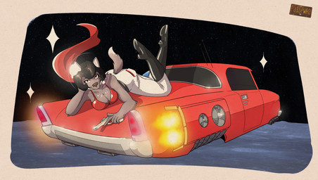 amber_eyes anthro astronaut bra breasts car cleavage clothed clothing dipstick_tail female flying_car lying markings moon retrofuturism scarf smile smiling_at_viewer solo space space_helmet spots spotted_markings tail tail_markings underwear vehicle posspowered studebaker haley_bopp_(posspowered) canid canine mammal hi_res