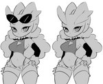 anthro bottomwear breasts cleavage_cutout clothing cutout daisy_dukes denim denim_bottomwear denim_clothing denim_shorts eyewear eyewear_on_head female fur hotpants long_ears midriff navel pupils shorts slit_pupils solo sunglasses sunglasses_on_head tenshigarden nintendo pokemon generation_4_pokemon lopunny pokemon_(species) hi_res monochrome