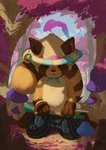 anthro bottomwear brown_body brown_fur clothing detailed_background eyes_closed fur hat headgear headwear humanoid_hands kemono male outside pants solo handshots league_of_legends riot_games tencent spirit_blossom_teemo teemo_(lol) canid canine mammal raccoon_dog tanuki yordle 2021 absurd_res hi_res