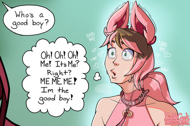 acting_like_a_dog barking black_text bodily_fluids brown_eyebrows brown_hair clothed clothed_humanoid clothed_male clothing collar collar_tag dialogue duo eyebrows femboy good_boy green_eyes hair heart_symbol hearts_around_head inner_monologue leash leashed_collar lips long_hair male male_humanoid multicolored_hair offscreen_character open_mouth pet_praise pink_clothing pink_collar pink_ears pink_hair pink_leash pink_shirt pink_topwear praise pupils shirt sleeveless_shirt speech_bubble sweat sweaty_face talking_to_another text thinking thought_bubble topwear two_tone_hair white_pupils white_text wide_eyed mightycock maxwell_(mightycock) animal_humanoid canid canid_humanoid canine canine_humanoid humanoid mammal mammal_humanoid wolf_humanoid 2025 3:2 absurd_res english_text handwritten_text hi_res signature url