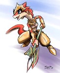abstract_background anthro armlet armor bent_arm bent_legs biped black_markings blue_eyes breasts clothed clothed_anthro clothed_female clothing ear_piercing ear_ring egyptian egyptian_clothing eyelashes female female_anthro fully_clothed fully_clothed_anthro fully_clothed_female gauntlets glistening glistening_eyes gloves handwear headgear headwear holding_melee_weapon holding_object holding_polearm holding_spear holding_weapon markings melee_weapon midriff multicolored_body multicolored_skin non-mammal_breasts number open_mouth open_smile piercing polearm pose pupils red_body red_skin red_tail ring_piercing shirt slit_pupils small_breasts smile snout solo spear spread_legs spreading standing tail tan_body tan_skin tank_top text three-quarter_view topwear two_tone_body two_tone_skin usekh weapon white_sclera j-fujita ever_oasis nintendo miura drauk scalie 2017 artist_name digital_media_(artwork) english_description full-length_portrait hi_res japanese_description portrait shaded signature