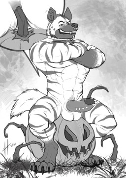 abs anthro chin_piercing claws cutaway ere facial_piercing fangs food front_view fruit grass looking_at_viewer male male_anthro multiple_piercings muscular muscular_anthro muscular_male narey nipple_piercing nipple_ring nipples nose_piercing nose_ring nude pawpads pecs piercing plant pubes pumpkin ring_piercing septum_piercing septum_ring simple_background sitting solo striped_arms striped_legs teeth toe_claws hufnaar laszlo_(stripeyyena) hyena mammal 2021 absurd_res dated hi_res monochrome
