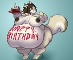 anthro areola barefoot big_breasts biped blue_background breasts brown_hair cake dessert feet female food hair holding_food holding_object nipples nude obese obese_anthro obese_female overweight overweight_anthro overweight_female plate simple_background solo standing hanazawa canid canine fox mammal 2023