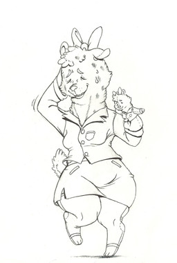 accessory anthro bodily_fluids bow_(feature) bow_accessory bow_ribbon breasts centered_hair_bow clothing eyes_closed female footwear hair_accessory hair_bow hair_ribbon nervous puppet ribbons sandals shoes smile solo sweat teacher mon311 poppy_opossum nora_chort hyena mammal spotted_hyena hi_res