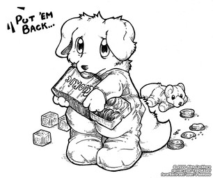 ambiguous_gender anthro block clothing cookie dialogue food onesie packaging pajamas plushie sad solo text young young_anthro o-kemono canid canine canis domestic_dog mammal 2020 black_and_white english_text monochrome url
