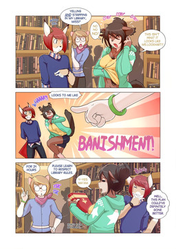 5_fingers andromorph anthro big_breasts blue_clothing blue_shirt blue_topwear breasts brown_body brown_fur brown_hair clock clothed clothing countershading crowd dialogue dildo dipstick_ears duo_focus ear_markings eyes_closed female fingers fur gesture green_clothing green_hoodie green_topwear group hair hand_gesture hand_on_hip holding_dildo holding_object holding_sex_toy hoodie inside intersex kerchief library male midriff multicolored_ears onomatopoeia pattern_clothing pattern_shirt pattern_topwear pink_kerchief plaid plaid_clothing plaid_shirt plaid_topwear pointing raised_clothing raised_shirt raised_topwear red_hair sex_toy shirt silhouette sound_effects speech_bubble tan_body tan_fur text topwear watch white_body white_fur wristband wristwatch yellow_clothing yellow_shirt yellow_topwear tokifuji unknown_species 2020 comic english_text hi_res multiple_scenes andromorph_(lore)