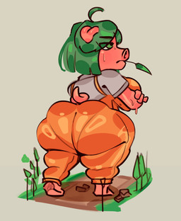 anthro big_breasts big_butt bodily_fluids breasts butt clothed clothing crossed_arms curvy_figure female glistening glistening_clothing green_eyes green_hair hair huge_butt huge_hips huge_thighs orange_clothing orange_overalls overalls panty_lines rear_view short_hair short_stack side_boob simple_background solo standing sweat tail tan_background thick_thighs voluptuous wide_hips hangedc domestic_pig mammal suid suine sus_(pig) absurd_res full-length_portrait hi_res portrait