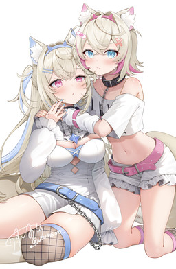 accessory ahoge animal_ears band-aid bandage bare_legs bare_shoulders belt big_breasts black_choker black_jewelry black_necklace blonde_hair blue_eyes blush bottomwear breasts chain_accessory choker cleavage clothed clothing collarbone crop_top dress fake_horns female fluffy_ears hair hair_accessory hair_between_eyes highlights_(coloring) hug jewelry kneeling long_hair midriff navel necklace pink_eyes shirt short_hair shorts simple_background sitting small_breasts tail topwear white_background white_bottomwear white_clothing white_crop_top white_dress white_shorts white_topwear usumeno hololive hololive_en vtuber fuwawa_abyssgard mococo_abyssgard animal_humanoid canid canid_humanoid canine canine_humanoid dog_humanoid humanoid mammal mammal_humanoid hi_res