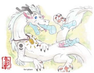 animal_genitalia antlers anus claws disembodied_hand feral genital_slit genitals ghost_dick ghost_hand horn jewelry lying magic male necklace oral paws solo surprise_transformation tail transformation fennec_(artist) mythology lykaen dragon eastern_dragon mythological_creature mythological_scalie scalie painting_(artwork) traditional_media_(artwork) watercolor_(artwork)