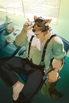abs alcohol anthro beard beverage biped body_hair bulge cigarette clock clothed clothing eyebrows facial_hair happy_trail male male_anthro muscular muscular_anthro muscular_male open_clothing open_shirt open_topwear pecs scar shirt sitting solo suspenders topwear watch wristwatch del_687 echo_(series) echo_project the_smoke_room william_adler canid canine canis coyote mammal hi_res