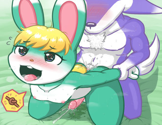anal anal_knotting anal_orgasm anal_penetration anthro anthro_penetrated anus arm_grab balls bed blonde_hair blush bodily_fluids butt chest_tuft cum cum_drip cum_in_ass cum_inside cum_on_bed cum_overflow cum_pool cum_while_penetrated cumshot dripping duo ejaculation emanata femboy fur furniture genital_fluids genitals green_body green_fur hair hands-free heart_pupils heart_symbol humanoid_genitalia humanoid_penis interspecies knotting knotting_symbol male male/male male_penetrated male_penetrating male_penetrating_male multicolored_body multicolored_fur nipples nude open_mouth orgasm penetration penile penile_penetration penis purple_body purple_fur saliva saliva_string sex steam sweat teeth tongue tongue_out tuft two_tone_body two_tone_fur white_body white_fur anonymous_artist animal_crossing nintendo lobo_(animal_crossing) sasha_(animal_crossing) canid canine canis lagomorph leporid mammal rabbit wolf pictographics