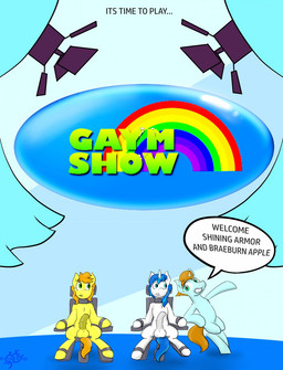 abstract_background anatomically_correct anatomically_correct_genitalia anatomically_correct_penis animal_genitalia animal_penis balls bdsm blue_background blue_eyes blue_hair bondage bondage_chair bondage_furniture bound chair curtains dialogue equine_genitalia equine_penis featureless_crotch feral fur furniture game_show genitals green_body green_eyes green_fur group hair half-erect horn horse_tail long_tail male male/male mane medial_ring on_chair orange_hair penis rainbow restraints simple_background sitting sitting_on_chair smile speech_bubble spotlight stage tail text white_body white_fur yellow_body yellow_fur killian_joy friendship_is_magic hasbro my_little_pony mythology braeburn_(mlp) fan_character shining_armor_(mlp) equid equine horse mammal mythological_creature mythological_equine pony unicorn 2018 comic cover cover_art cover_page english_text hi_res