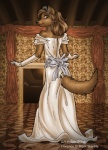 anthro brown_hair clothing crown dress female gem hair headgear jewelry looking_at_viewer looking_back necklace pearl_(gem) pearl_necklace ribbons solo tail text anthony_sarkasuo freefall_(webcomic) florence_ambrose bowman's_wolf canid canine canis mammal red_wolf wolf 2004 english_text