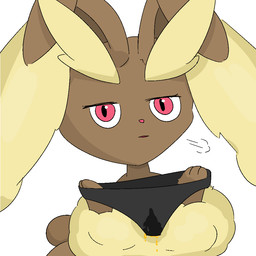 anthro black_clothing black_underwear bodily_fluids brown_body brown_ears clothing female front_view genital_fluids raised_arms red_eyes sigh simple_background solo standing toony underwear urine watersports yellow_ears toilet_paper_(pixiv) nintendo pokemon generation_4_pokemon lagomorph leporid lopunny mammal pokemon_(species) rabbit 1:1 2026 digital_media_(artwork)