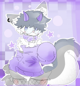 2_horns anthro bell bell_collar blush checkered checkered_background cheek_tuft claws clothing collar crotch_tuft ear_piercing eyewear facial_tuft femboy finger_claws fishnet_clothing fishnet_legwear fishnet_thigh_highs glasses grey_body grey_hair hair horn legwear male male_anthro pattern_background piercing purple_background purple_horn simple_background solo sweater thigh_highs thighs_up topwear tuft white_body unknown_artist mammal cool_colors digital_drawing_(artwork) digital_media_(artwork) hi_res