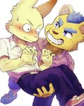 absurd_res anthro blue_eyes blue_hair blush carrying_another clothing duo embarrassed felid gabobon05 grin hair hi_res lagomorph leporid lion male male/male mammal pantherine rabbit school_uniform smile teeth uniform yellow_body young young_male