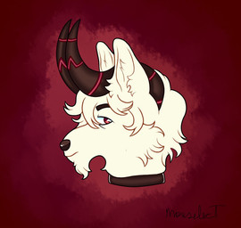 anthro big_horn brown_collar brown_eyebrows brown_horn brown_nose cheek_tuft collar eyebrows facial_hair facial_tuft fur glistening glistening_eyes goatee hair horn inner_ear_fluff looking_aside male mouth_closed neck_tuft pupils red_background red_eyes red_horn serious serious_face side_view simple_background smoke_background solo tuft tuft_ears white_body white_fur white_hair white_pupils mouselect mythology maxxell_matsubara canid canid_demon canine canis demon hellhound mammal mythological_canine mythological_creature wolf digital_drawing_(artwork) digital_media_(artwork) digital_painting_(artwork) hi_res icon painting_(artwork)