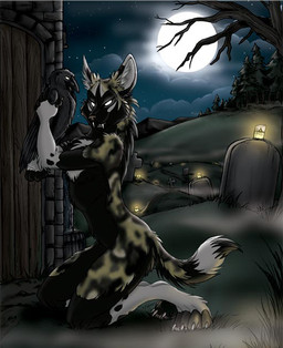 anthro cemetery claws cloud detailed_background duo fangs feral fog full_moon holidays kneeling male moon night nude outside sky solo_focus star starry_sky tail teeth toe_claws conditional_dnp tani_da_real halloween african_wild_dog avian bird canid canine canis corvid corvus_(genus) crow domestic_dog mammal oscine passerine undead vampire were_african_wild_dog werecanid werecanine werecreature weredog digital_media_(artwork)