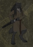 4_toes 5_fingers anthro belt biped black_nose claws clothed clothing digitigrade feet fingers fully_clothed fur grey_body grey_fur grey_hair hair holding_melee_weapon holding_object holding_sword holding_weapon jewelry long_hair looking_at_viewer male melee_weapon necklace pendant scabbard sheathed_weapon solo standing sword tail threatening toes warrior weapon yellow_eyes cedarwolf qzurr_(character) canid canine canis mammal wolf