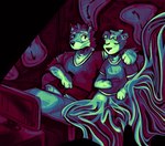 abstract_background anthro clock duo electronics horror_(theme) male male/male melting melting_limbs television olifawn echo_(game) echo_(series) echo_project chase_hunter leo_alvarez canid canine canis mammal mustelid otter wolf digital_media_(artwork) digital_painting_(artwork) hi_res