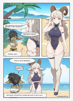 beach black_hair clothing dialogue duo female goat_ears gold_(metal) gold_jewelry hair hooves horn jewelry one-piece_swimsuit scar speech_bubble sport_swimsuit swimwear text white_hair yellow_eyes tenescross demon_priest_lyn minette_(tenescross) animal_humanoid bovid bovid_humanoid caprine caprine_humanoid goat_humanoid goblin humanoid mammal mammal_humanoid absurd_res comic english_text hi_res