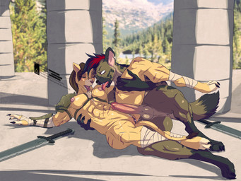 abs anthro armor balls big_penis bodily_fluids breast_lick breast_play breasts brown_body brown_fur brown_hair claws column crotch_tuft duo ejaculation erection facial_piercing female forest fur genital_fluids genitals hair humanoid_genitalia humanoid_penis interspecies leg_wraps licking male male/female melee_weapon mostly_nude muscular muscular_anthro muscular_female nipple_fetish nipple_lick nipple_play nipples nose_piercing nose_ring notched_ear outside penis piercing plant puffy_nipples ring_piercing scar scars_all_over sword tail tail_tuft tongue tongue_out tree tuft vaginal_fluids vaginal_squirting vulva weapon wraps yellow_body yellow_fur delta.dynamics felid hyena lion mammal pantherine spotted_hyena 2023 hi_res