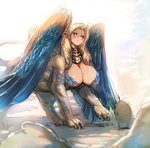 big_breasts black_sclera blonde_hair blue_wings breasts claws desert duo female female_focus hair jewelry markings necklace size_difference wings yellow_eyes bow_(artist) mythology animal_humanoid felid humanoid mammal mythological_creature mythological_sphinx