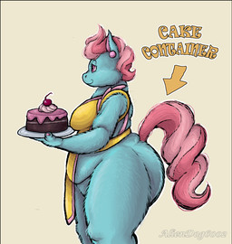 anthro anthrofied apron apron_only big_butt blue_body blue_fur breasts butt cake clothing dessert ear_piercing ear_ring female food fur hair holding_food holding_object huge_butt mature_female overalls overalls_only overweight overweight_anthro overweight_female piercing pink_eyes pink_hair ring_piercing side_view simple_background smile solo standing text white_background aliendog6002 evil_container friendship_is_magic hasbro my_little_pony mrs._cake_(mlp) earth_pony equid equine horse mammal pony english_text hi_res