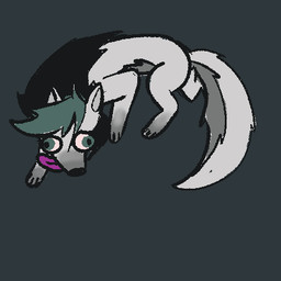 ambiguous_gender black_hair feral fur green_eyes green_hair grey_body grey_fur hair neck_tuft running_in_circles silly_face simple_background solo spinning tongue tongue_out tuft shirks(artist) shirks(oc) canid canine dire_wolf mammal prehistoric_species 1:1 animated low_res trans_(lore) trans_woman_(lore)