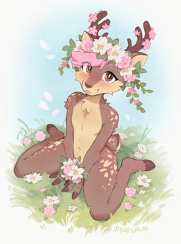 3_fingers accessory ambiguous_anthro ambiguous_gender anthro arm_tuft bent_legs biped blep blush blush_lines blushing_at_viewer brown_body brown_eyes brown_fur brown_nose brown_tail brown_tuft chest_tuft claws closed_smile eyebrow_through_hair eyebrows eyelashes eyelashes_through_hair feet finger_claws fingers flower flower_crown flower_in_hair fluffy fluffy_tail front_view fur fur_markings fur_tuft grass hair hair_accessory high-angle_view humanoid_heel iris leg_tuft looking_at_viewer markings mouth_closed multicolored_body multicolored_fur navel nude nude_ambiguous nude_anthro on_grass on_ground outdoor_nudity outside pawpads paws pink_blush pink_eyebrows pink_hair pink_tongue plant plantigrade plantigrade_pawpads pose presenting pupils short_tail sitting sitting_on_grass sitting_on_ground slit_pupils smile smiling_at_viewer solo spread_legs spreading straight_arms tail tan_inner_ear tan_tuft tasteful_nudity text three-quarter_view toes tongue tongue_out translucent translucent_hair tuft white_pupils white_sclera wide_hipped_ambiguous wide_hipped_anthro wide_hips waspsalad deer mammal 2026 artist_name digital_drawing_(artwork) digital_media_(artwork) english_description full-length_portrait hi_res pinup portrait shaded
