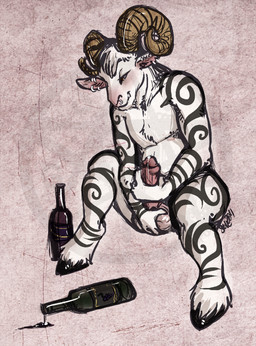 alcohol anthro beverage drunk ear_piercing erection food genitals humanoid_genitalia humanoid_penis male masturbation penile penile_masturbation penis piercing solo substance_intoxication tattoo wine deervvitch moo_lawgoat bovid caprine goat mammal