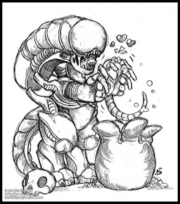 anthro black_border bone border claws duo fangs female heart_symbol holding_another male nude open_mouth skull tail teeth o-kemono alien_(franchise) alien facehugger xenomorph 2026 monochrome