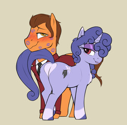 animal_ears blush brown_hair butt clothed clothed_feral clothing cutie_mark duo eyelashes female feral fur hair horn kiss_mark lipstick_on_face looking_back male male/female pupils purple_body purple_hair quadruped red_eyes smile tail thick_thighs yellow_eyes denzeltip hasbro my_little_pony mythology beau_dandy fan_character equid equine mammal mythological_creature mythological_equine unicorn hi_res male_(lore)