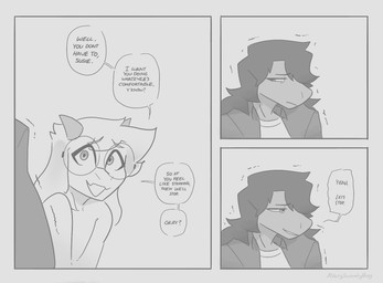 ambiguous_gender anthro clothed clothing dialogue duo eyewear glasses hair horn long_hair nervous nude question reassuring shaking text averysweatyboy deltarune undertale_(series) ralsei susie_(deltarune) bovid caprine darkner goat mammal reptile scalie comic english_text monochrome female_(lore) male_(lore)